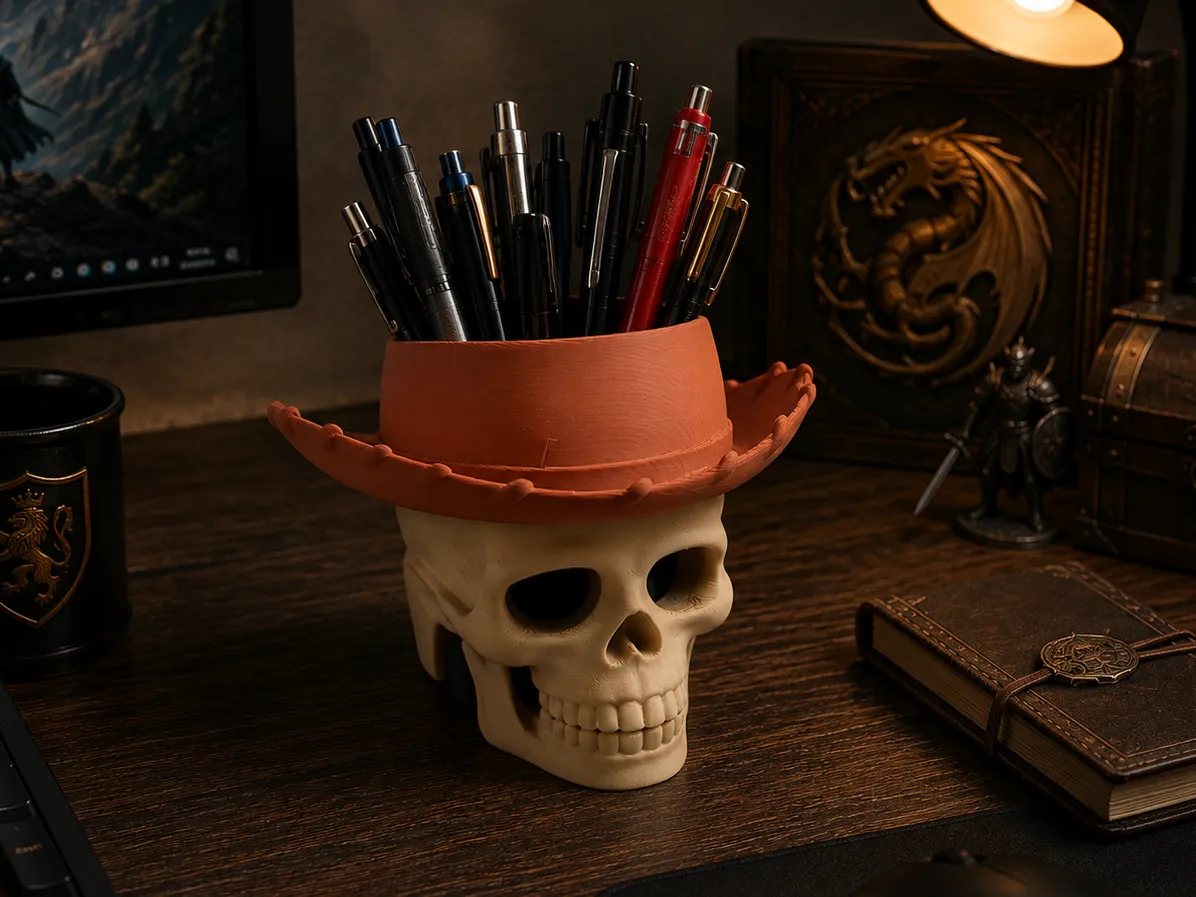 Woody Skull Hat Pen Holder | Desk Organizer