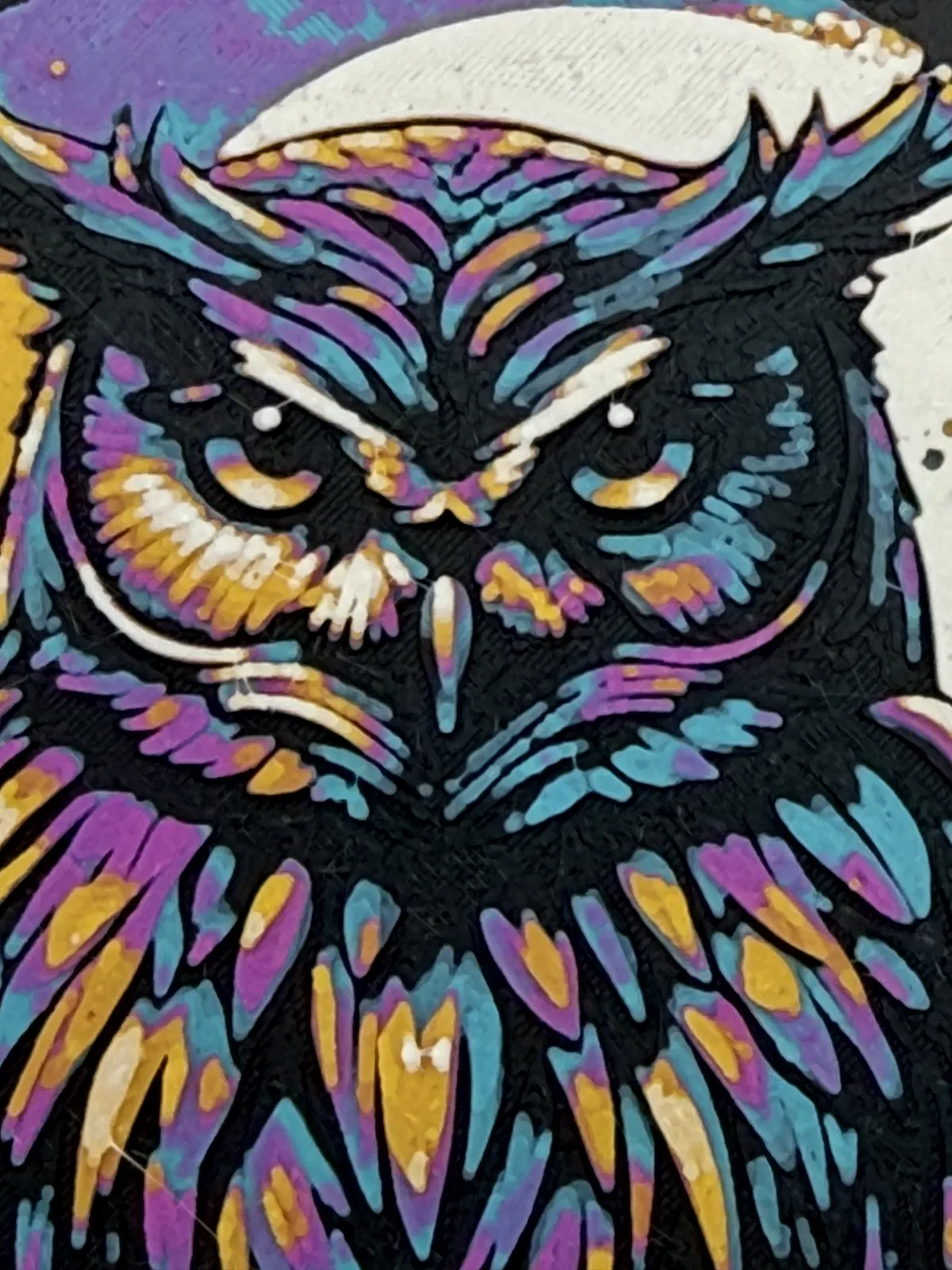 Paint Splattered Owl Hueforge