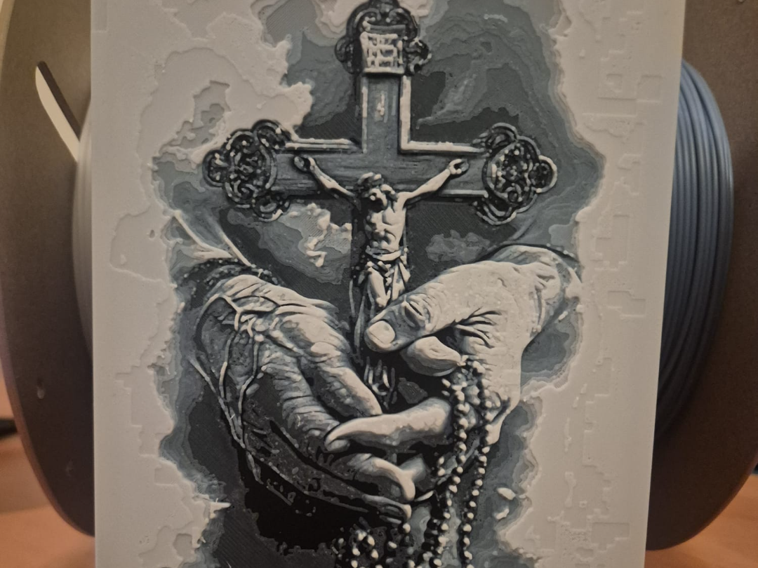 Cross, hands and beads hueforge