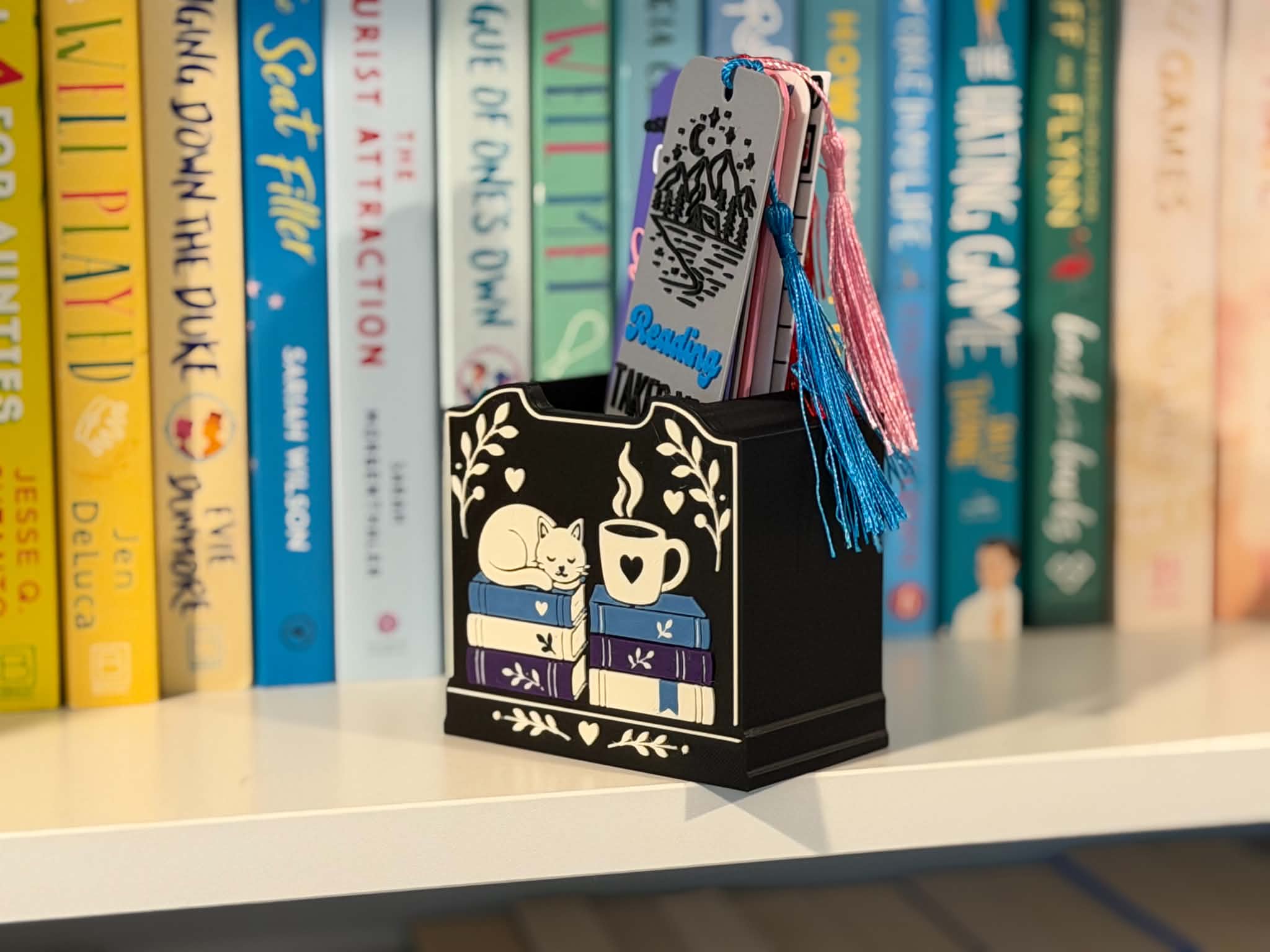 Cozy Reads Bookmark Holder – Cat, Coffee & Books