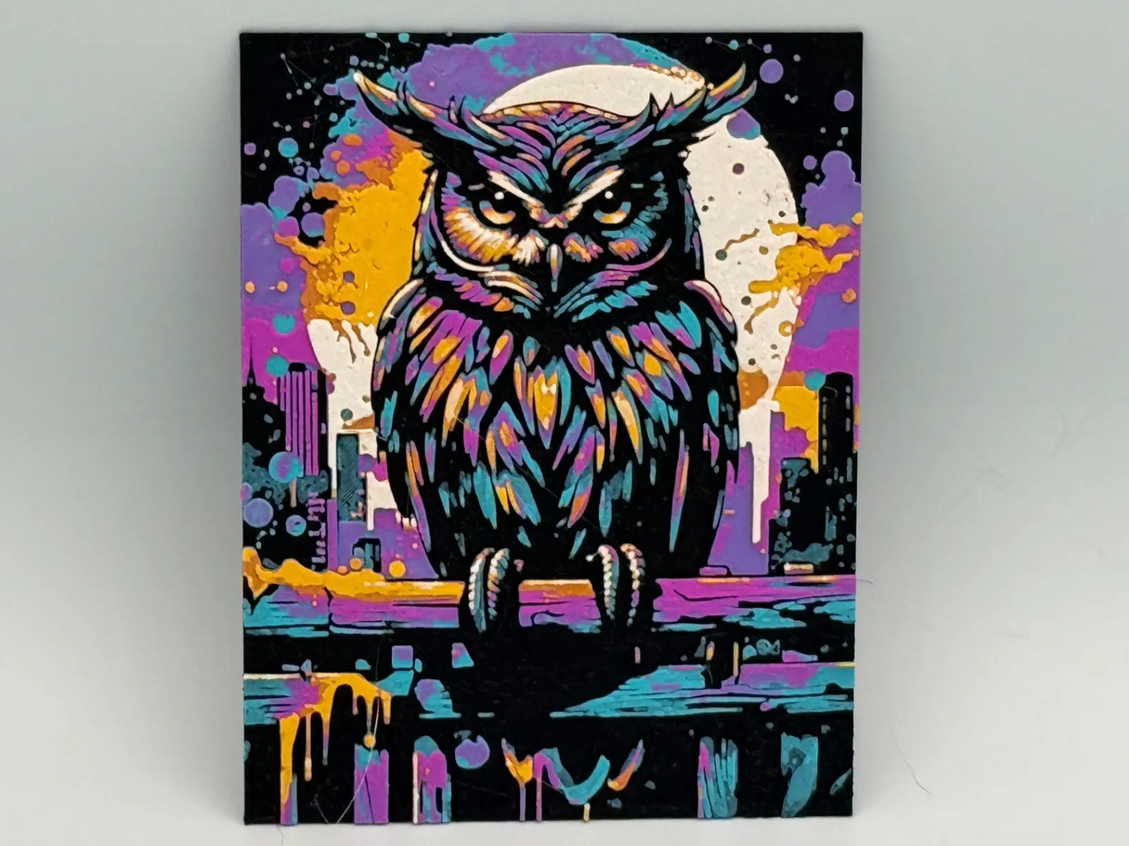 Paint Splattered Owl Hueforge