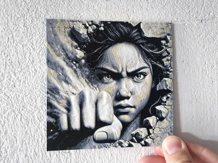 Angry woman face breaking wall