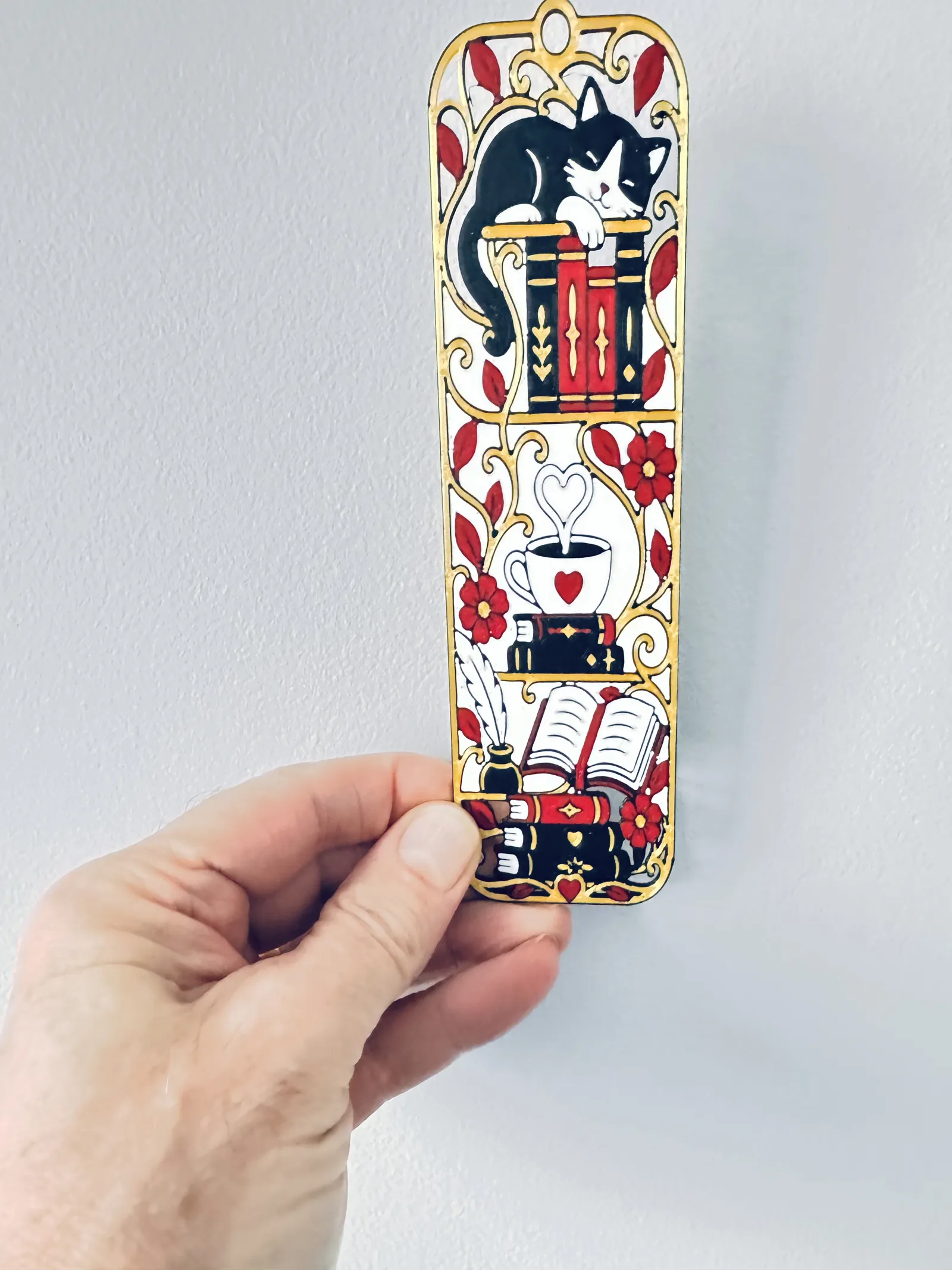 Cat, Coffee & Books Bookmark Floral Reading Design