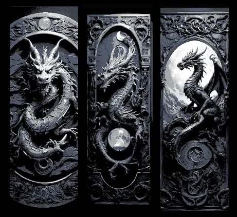 Dragon and the Moon Carvings in Black and White - Set of 3 Bookmarks
