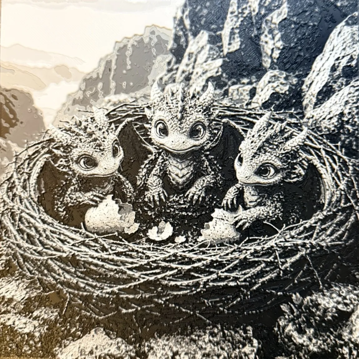 Hueforge - Nid de trois bébés dragons mignon