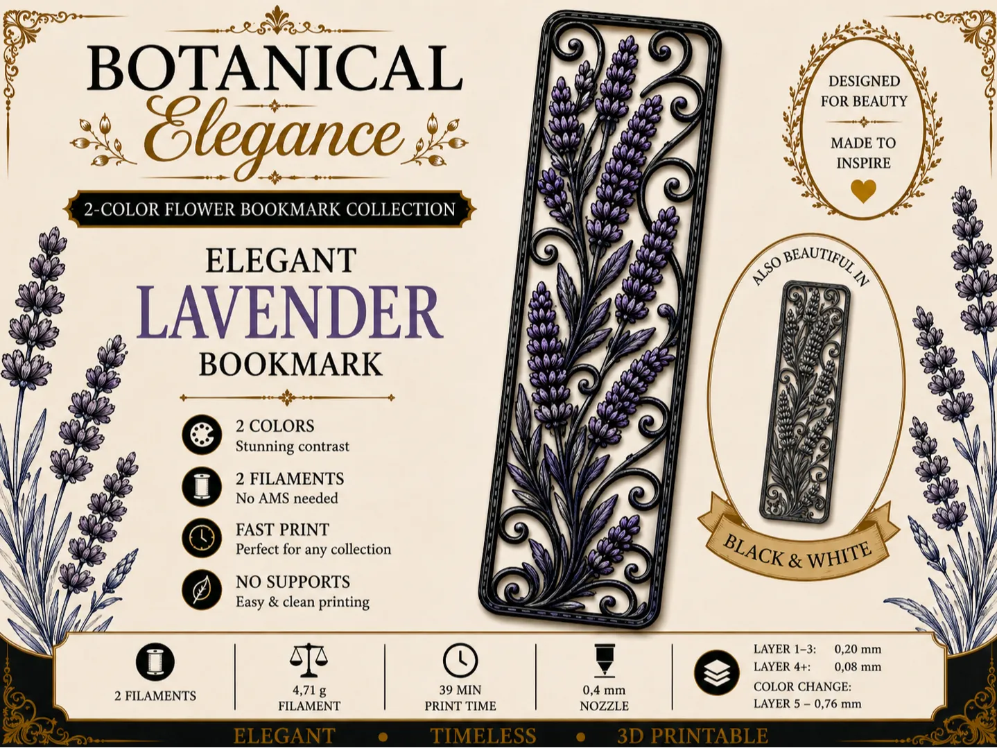 Elegant Lavender Bookmark | 2-Color Botanical