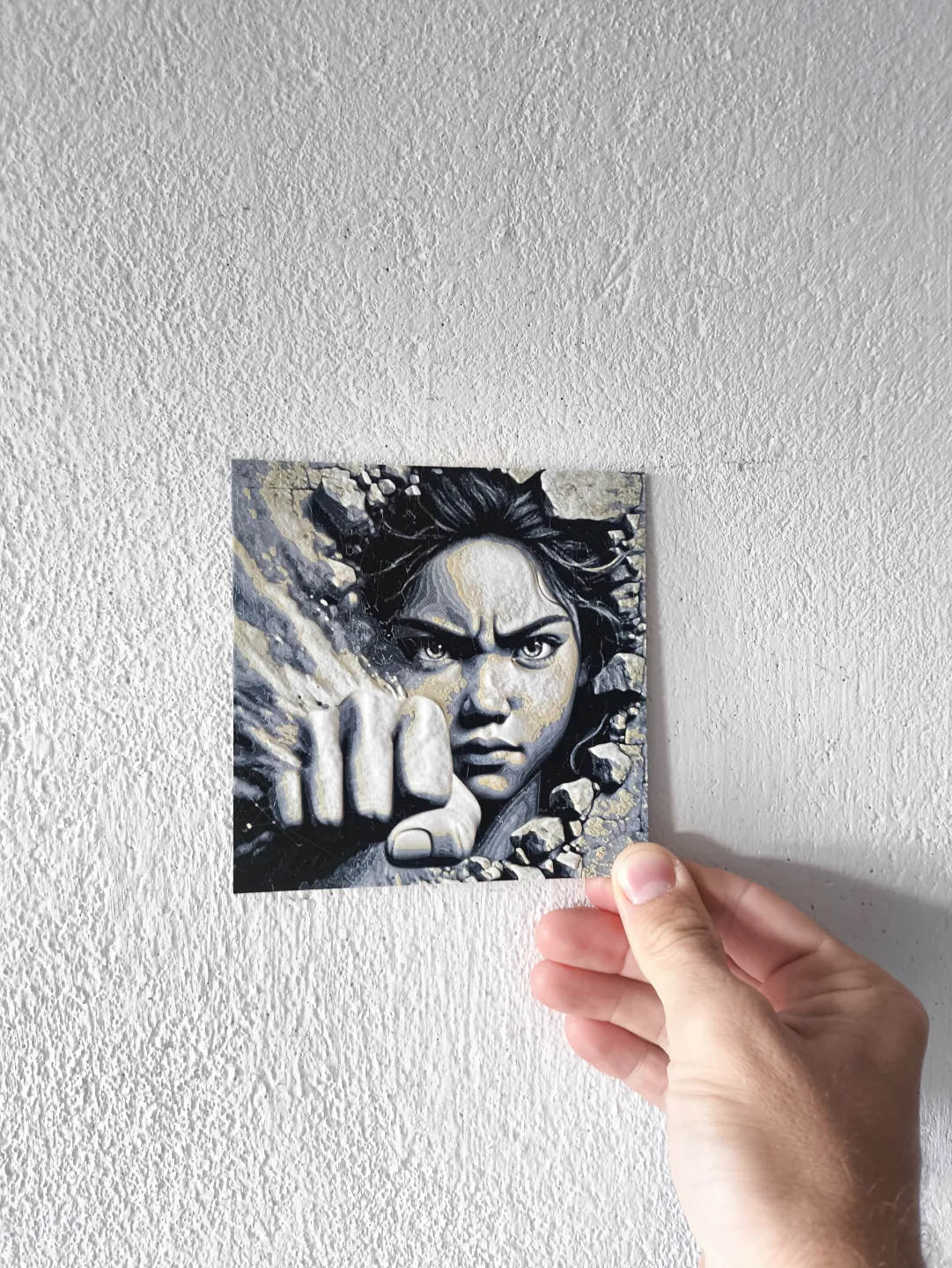 Angry woman face breaking wall