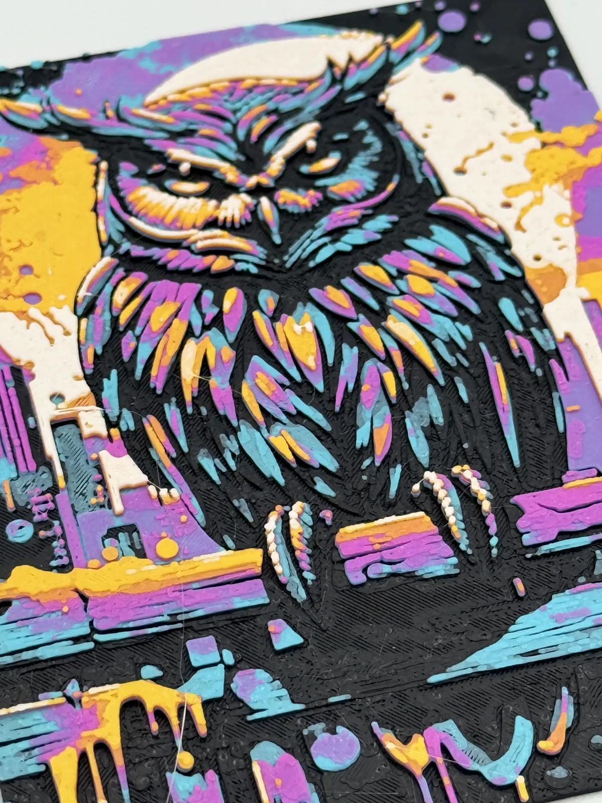 Paint Splattered Owl Hueforge