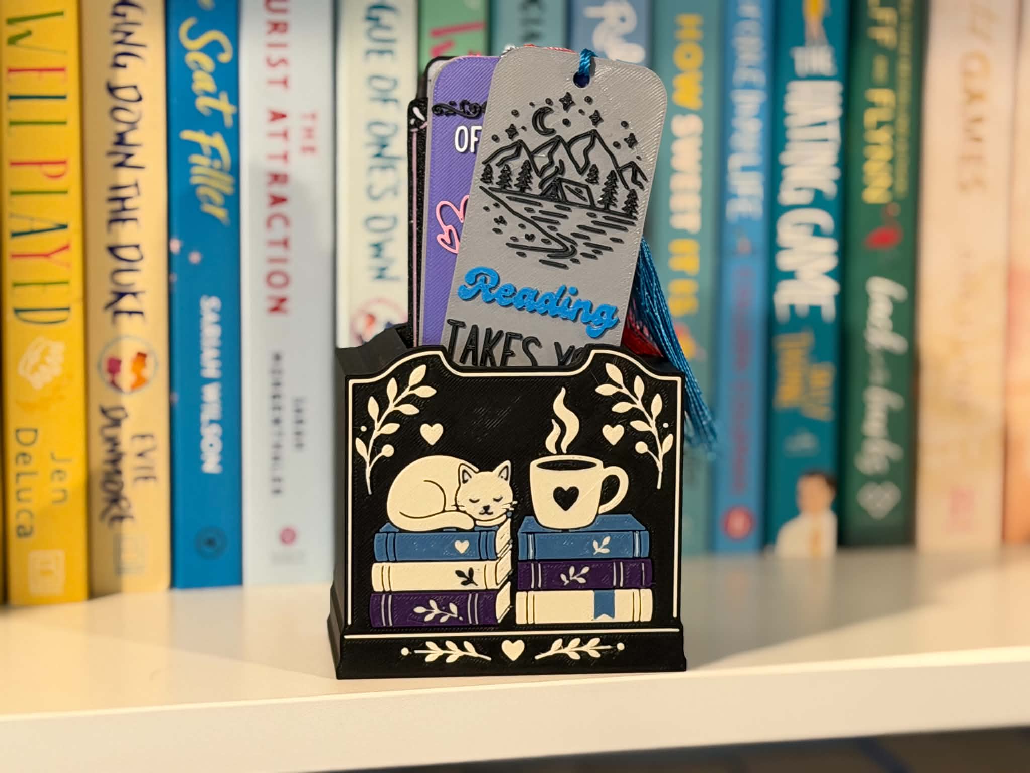 Cozy Reads Bookmark Holder – Cat, Coffee & Books