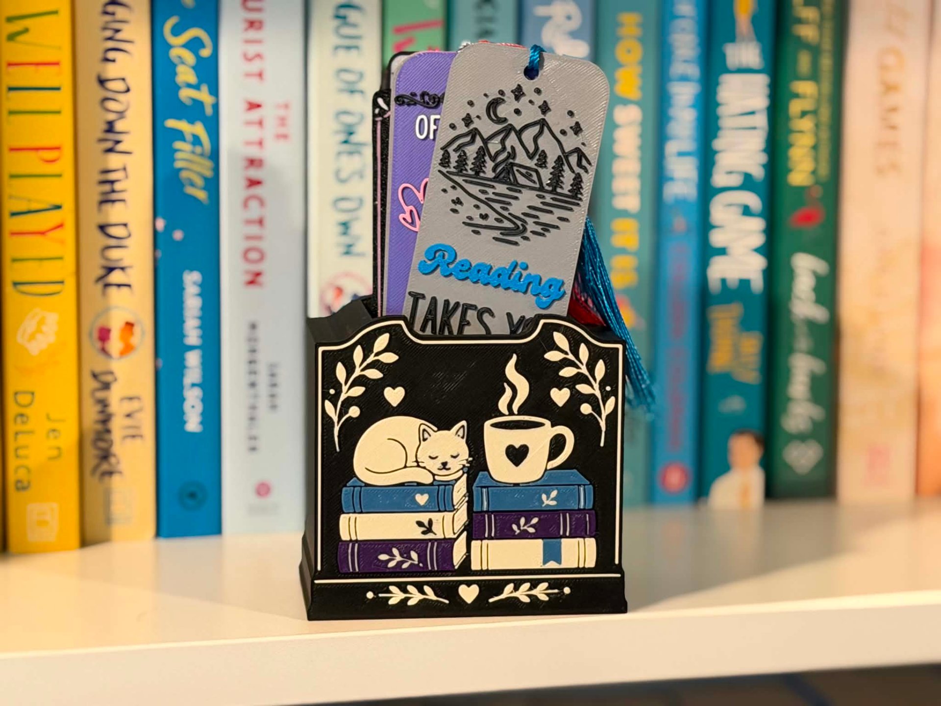 Cozy Reads Bookmark Holder – Cat, Coffee & Books