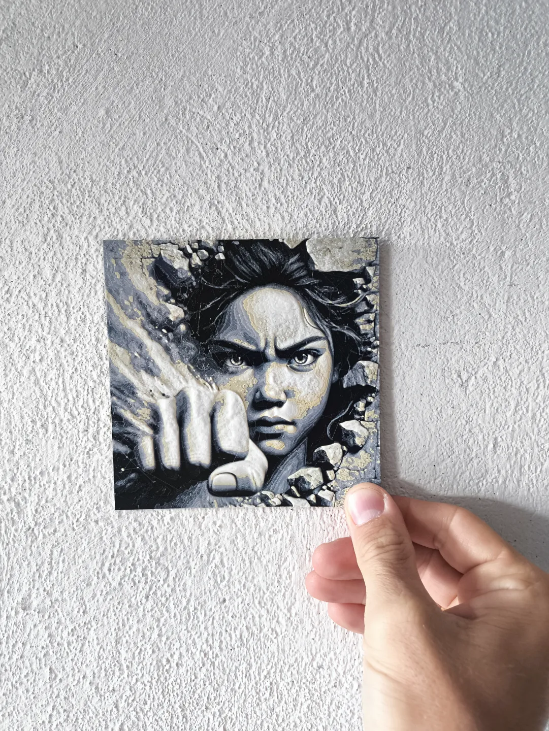 Angry woman face breaking wall