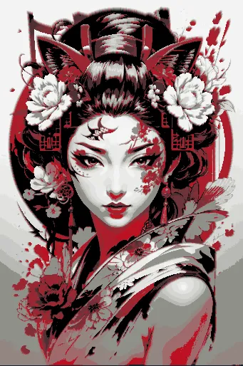 Red on White Portrait of a Geisha colored in Hueforge