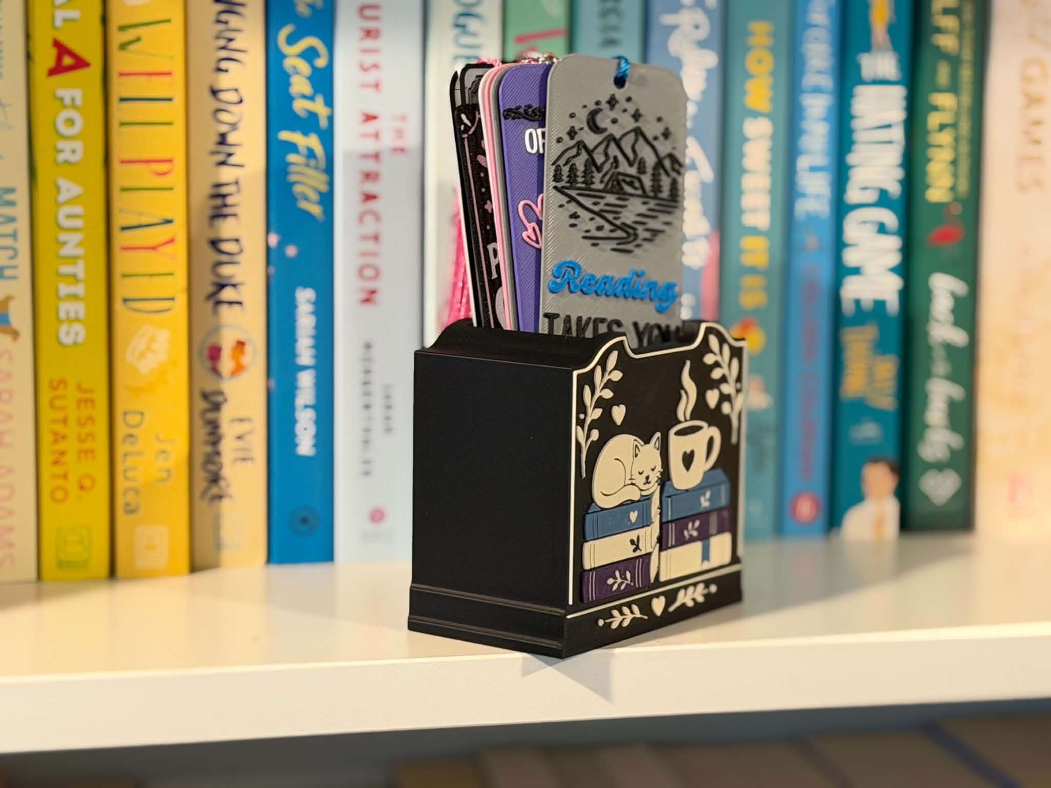 Cozy Reads Bookmark Holder – Cat, Coffee & Books